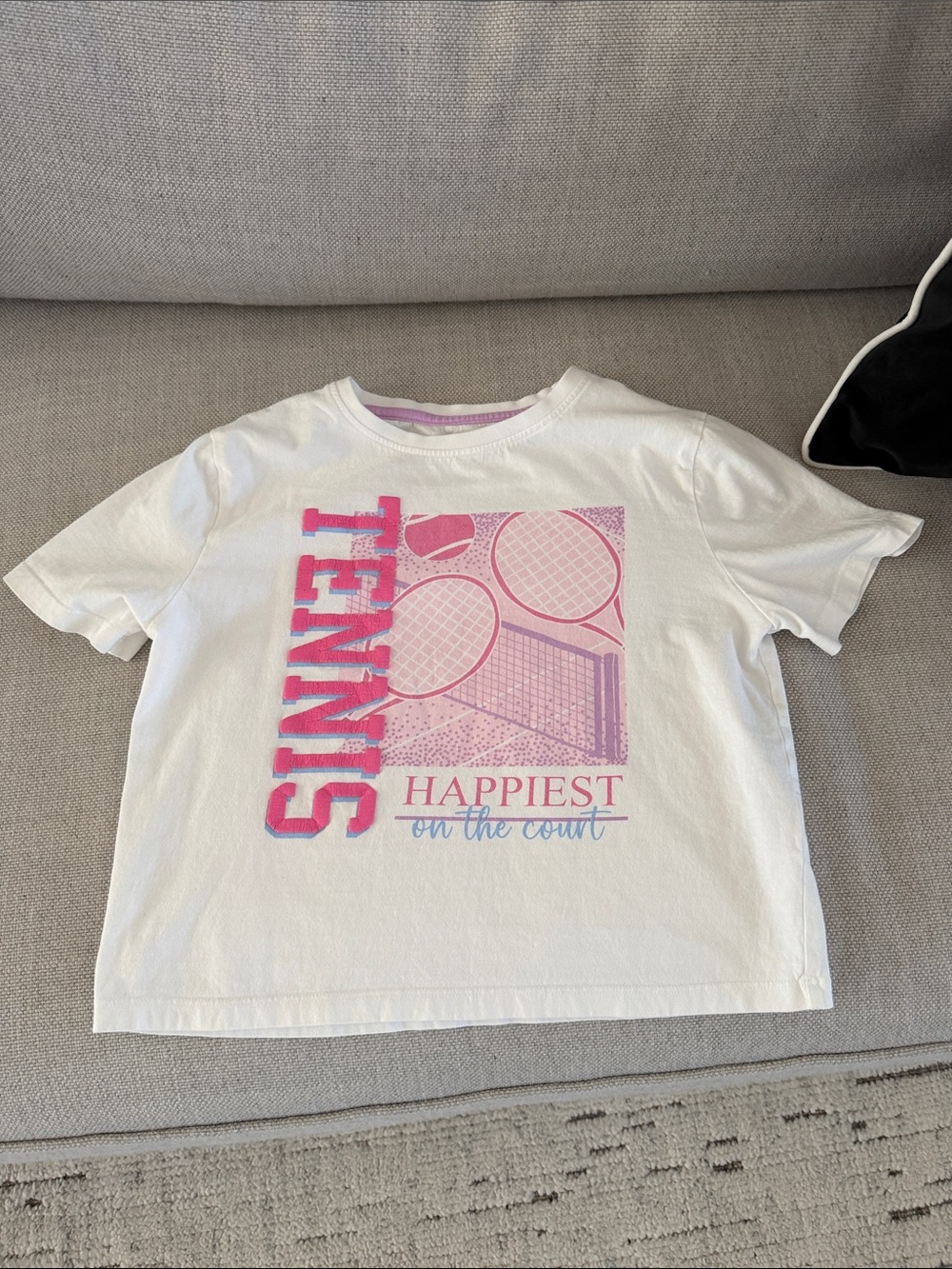 Girls' White Tennis Graphic Tee - Pink & Purple Design